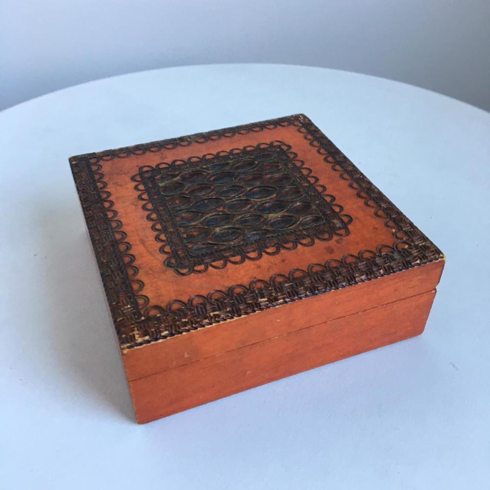Vintage Carved Wooden Jewelry Box in Orange and Brown